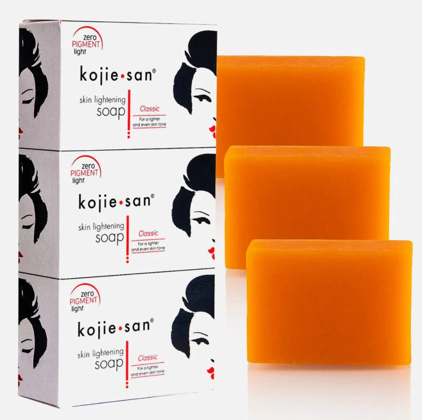 Kojie San Skin Lightening Kojic Acid Soap 3 Bars - 100g Fades Age Spots, Freckles, and Other Signs of Sun Damage and Heals Acne Blemishes and Erases Red Marks and Scars by Kojie San